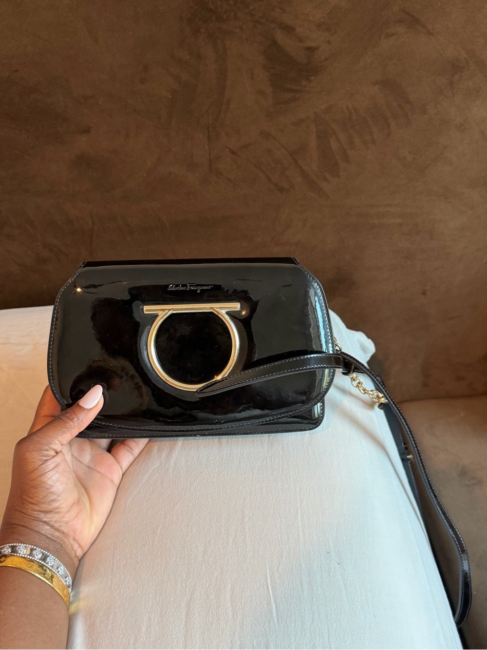 Salvatore Ferragamo Black Patent Gancini Crossbody with Gold Hardware